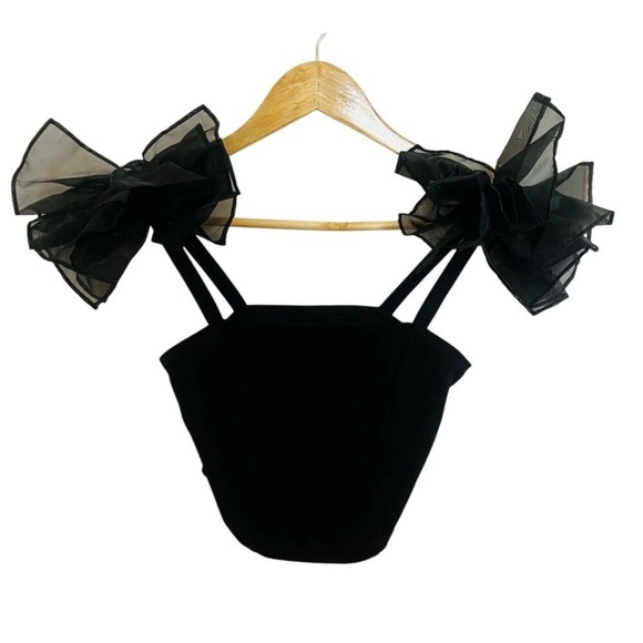 NEW SHEIN MOD Black XS Cropped Tank Top with Tulle Bows Statement - Picture 2 of 4
